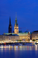 Old city of Hamburg and the Alster at dusk