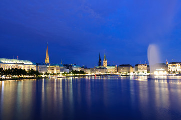 Old city of Hamburg and the Alster at dusk