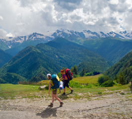 Obraz premium Young women trekking in Svaneti,