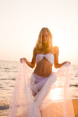 Fototapeta na wymiar Beautiful young woman on the beach wrapped in white wedding veil