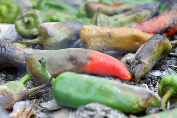 Vegetable peppers on ember charcoal