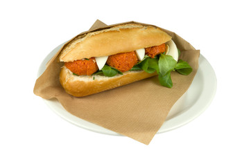 Luxurious steak tartare with egg sandwich on white background.