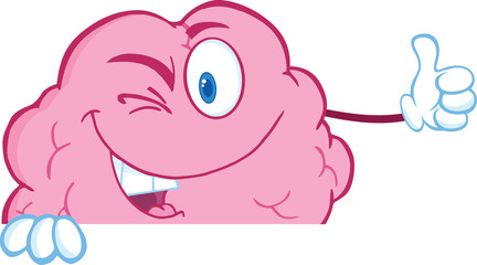 Winking Brain Cartoon Character Holding A Thumb Up Over Sign