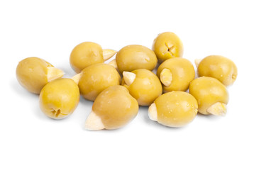 Green olives stuffed with almonds isolated on white background
