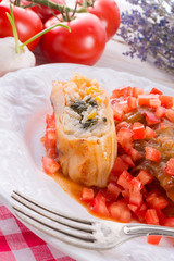 Vegetarian cabbage rolls with spinach and salsa