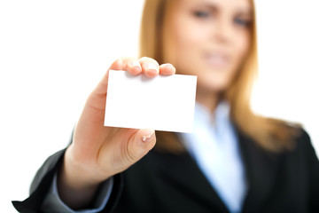 Smiling businesswoman showing a blank card