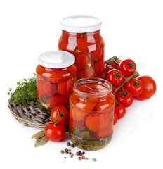 Tasty canned and fresh tomatoes, isolated on white