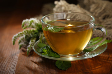 Cup of herbal tea with fresh mint flowers on wooden table