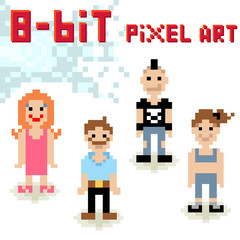 Cute 8-bit pixel character set of casual people © Yuzach