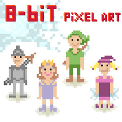 Cute 8-bit pixel character set of fantasy people