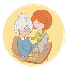 Granny learns the computer use with help of girl © Yuzach