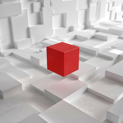 Fototapeta premium One single red cube in a modern futuristic white room