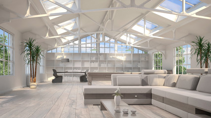 White sunny loft with huge windows and furniture
