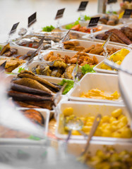 Grocery store. Different served meals on sale
