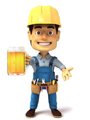 3d render handyman hold a glass of beer