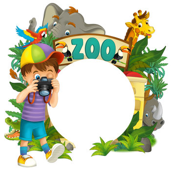 Cartoon zoo and children - banner illustration