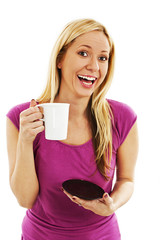 Young woman excited and happy holding her coffee