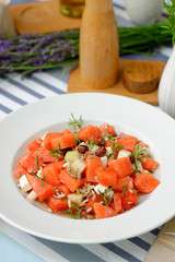 Watermelon Salad with Feta,Cucumber,Olive and rosemary