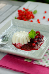 Panna cotta on a plate with berry sauce