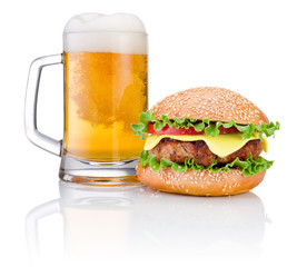 Hamburger and Mug of beer isolated on white background