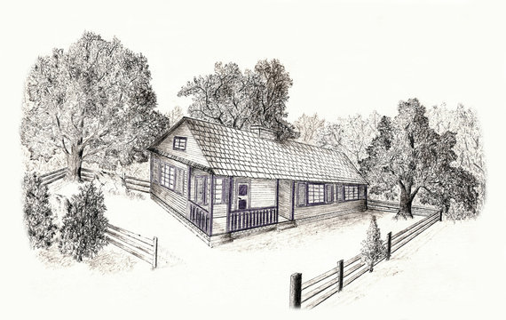Fictitious landscape, house in forest. Crayon drawing.