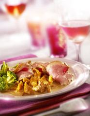 ham served with brocoli and chantarelles, served on a plate