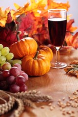 Glass with wine, grapes, corn and pumpkins