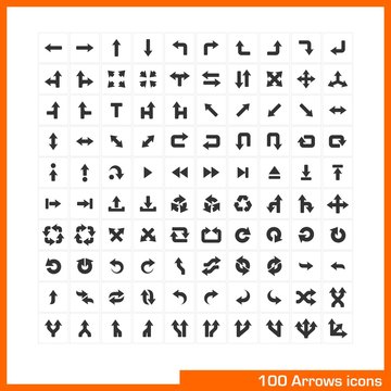 100 arrows icons set. Vector black pictograms.