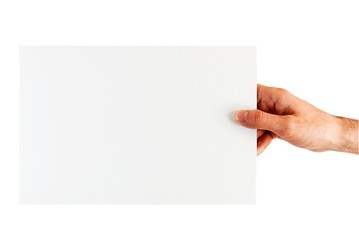 Male hand holding blank paper sheet, isolated on white