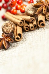 Cinnamon sticks, anise stars and nutmegs