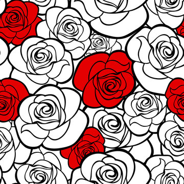 Seamless pattern with roses contours. Vector illustration.