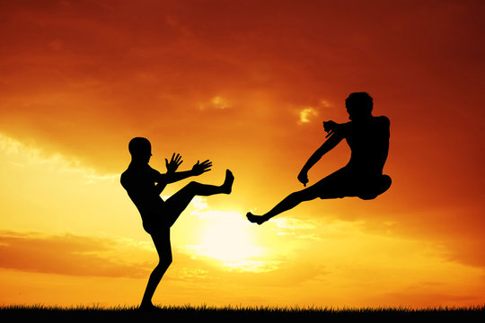 men doing karate at sunset