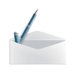 Realistic pen inside envelope. Vector design.