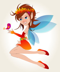 Cute autumn fairy with bird