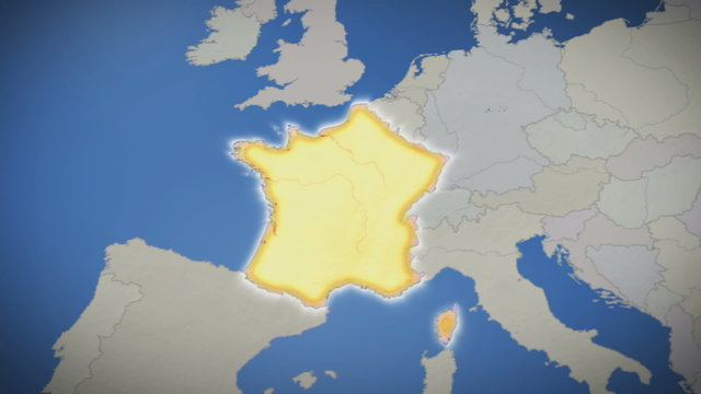 France on map of Europe. Country pull out. Blue