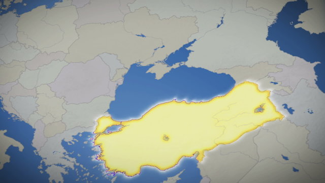 Turkey on map of Europe. Country pull out. Blue