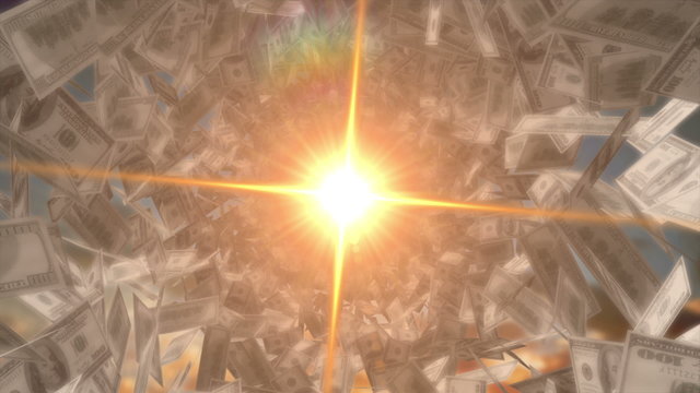 Money God. Dollar Bills and spectacular yellow flare approaching