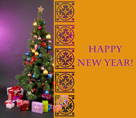 Decorated Christmas tree with gifts on dark color background