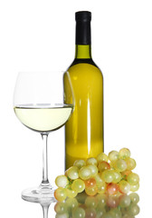 White wine glass and bottle of wine isolated on white