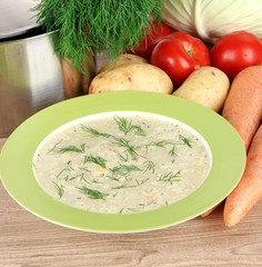 Ingredients for cooking soup on table in kitchen