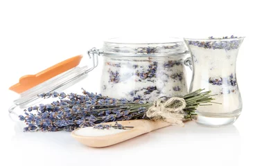 Fototapeten Jar of lavender sugar and fresh lavender flowers isolated © Africa Studio