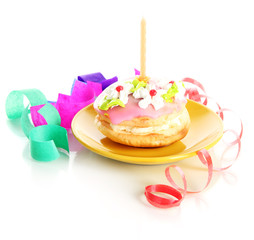 Colorful birthday cake with candle isolated on white