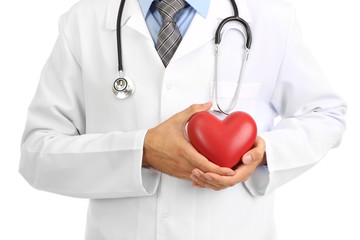 Medical doctor holding heart  isolated on white