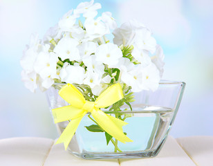 Beautiful bouquet of phlox in bowl on table on light background
