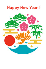 年賀状　富士山と鶴と松竹梅