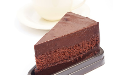 sliced chocolate cake on white background