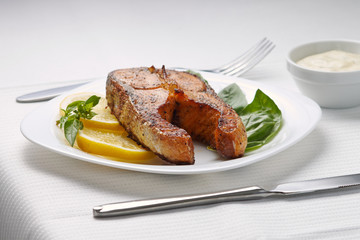 Fresh Salmon Steak on Served Table
