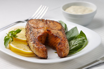 Fresh Salmon Steak on Served Table