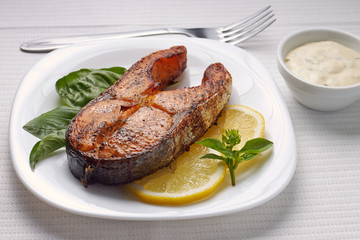 Fresh Salmon Steak on Served Table