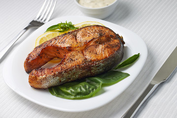 Fresh Salmon Steak on Served Table